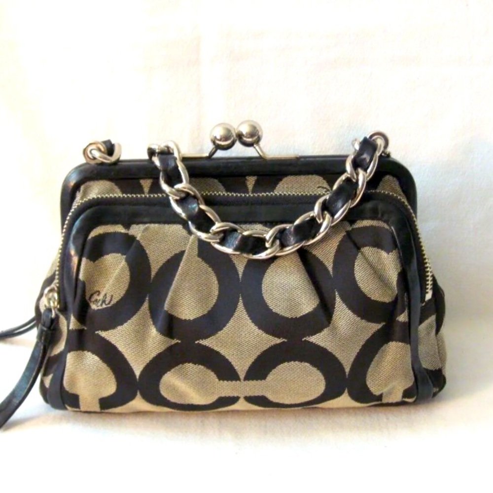 Rare Coach Parker Kisslock Chain Clutch Signature Op Art 13623 Black vintage